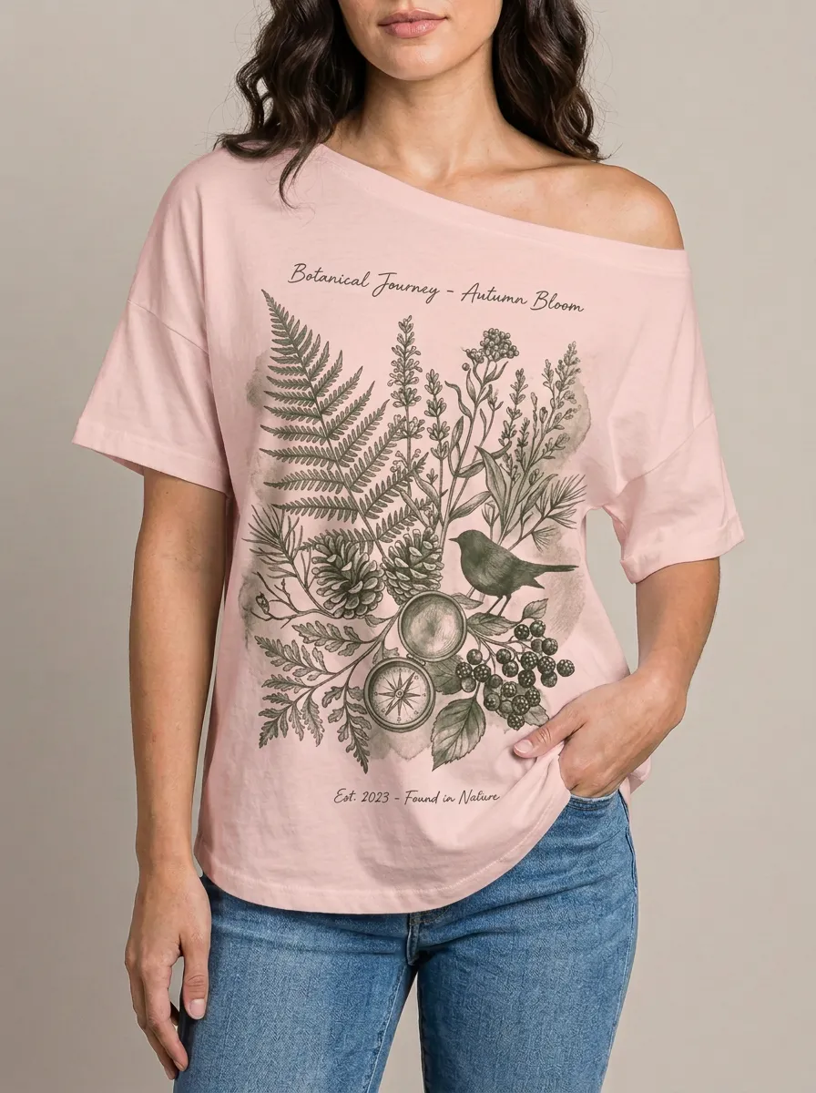 Women's Botanical Nature Lover Fern Bird Compass Printed T-shirt