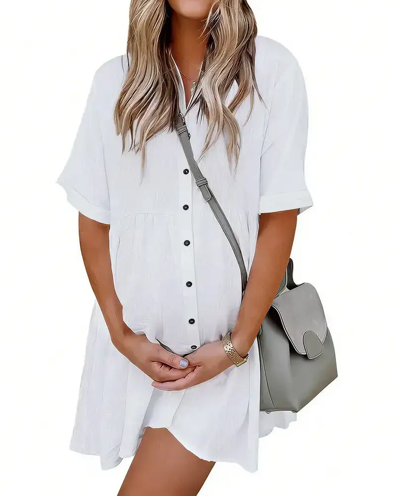 Effortless Button-Down Short Sleeve Shirt Dress With Pockets