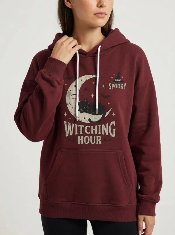 Women's Halloween Witching Hour Black Cat Moon Printed Hoodie