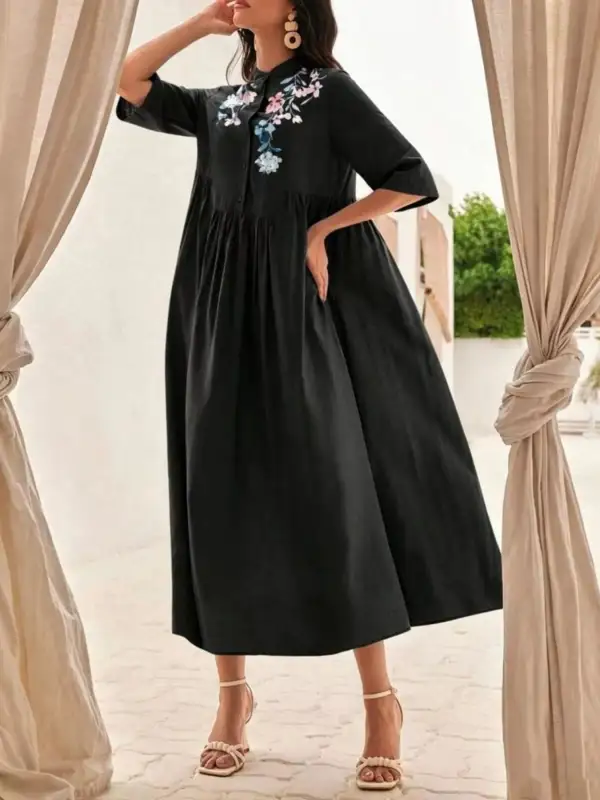 Embroidered Casual Midi Dress