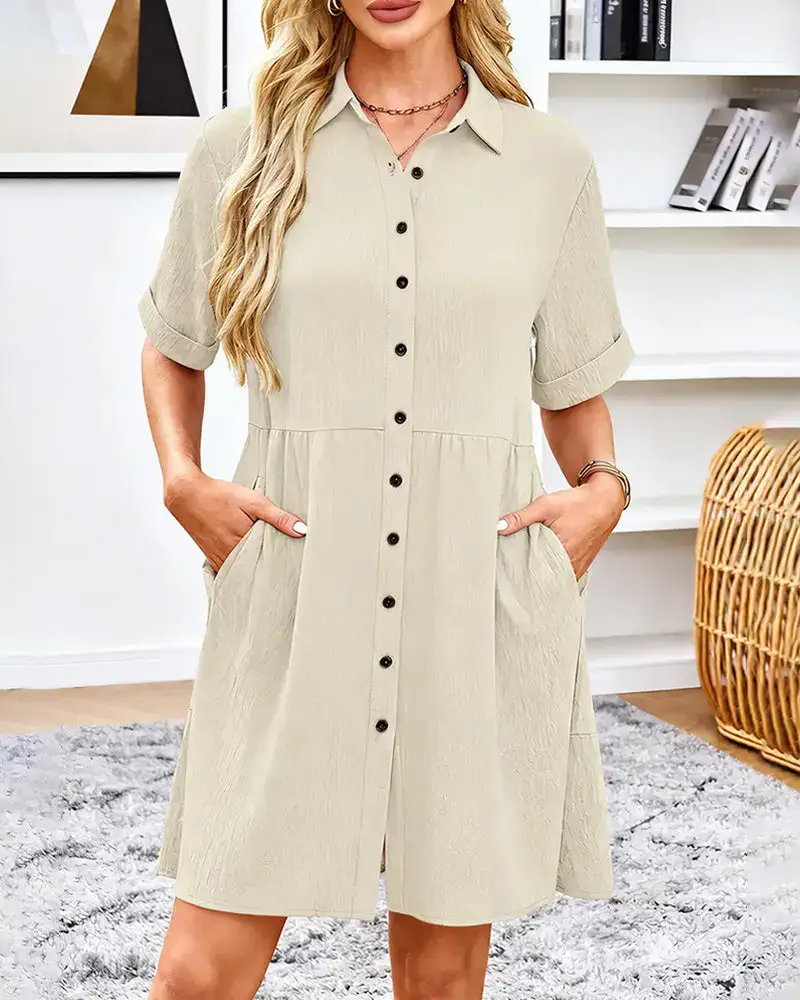 Effortless Button-Down Short Sleeve Shirt Dress With Pockets