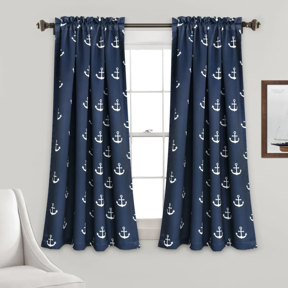Coastal Tropical Botanical Blackout Rod Pocket Curtain Panel Set