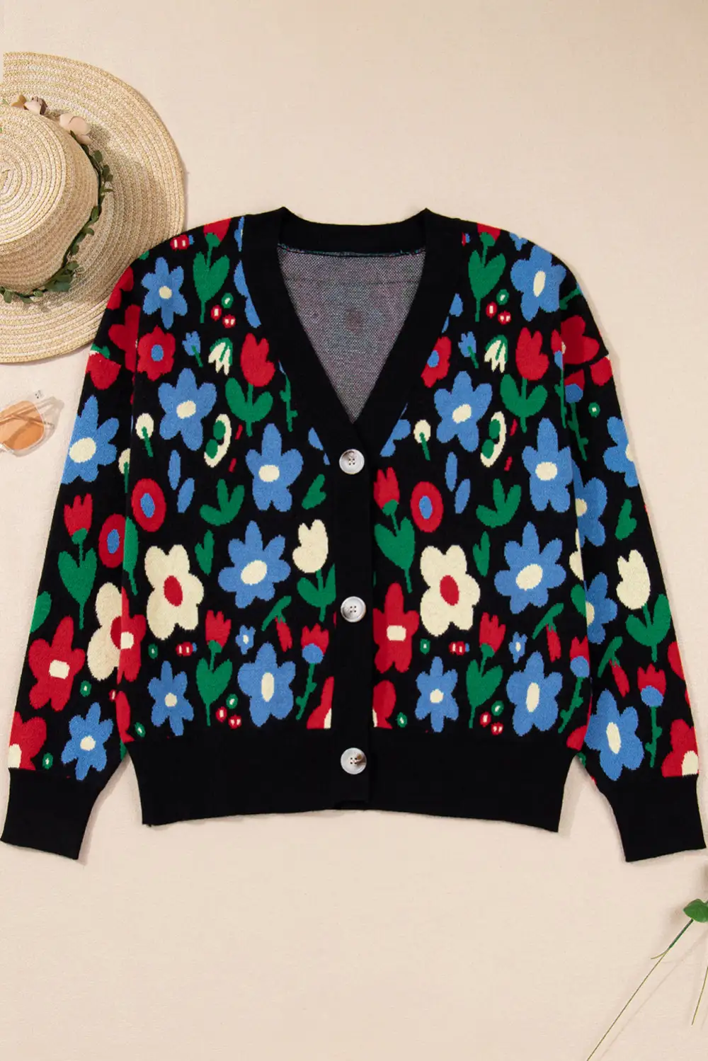 Floral Print V Neck Buttoned Short Cardigan