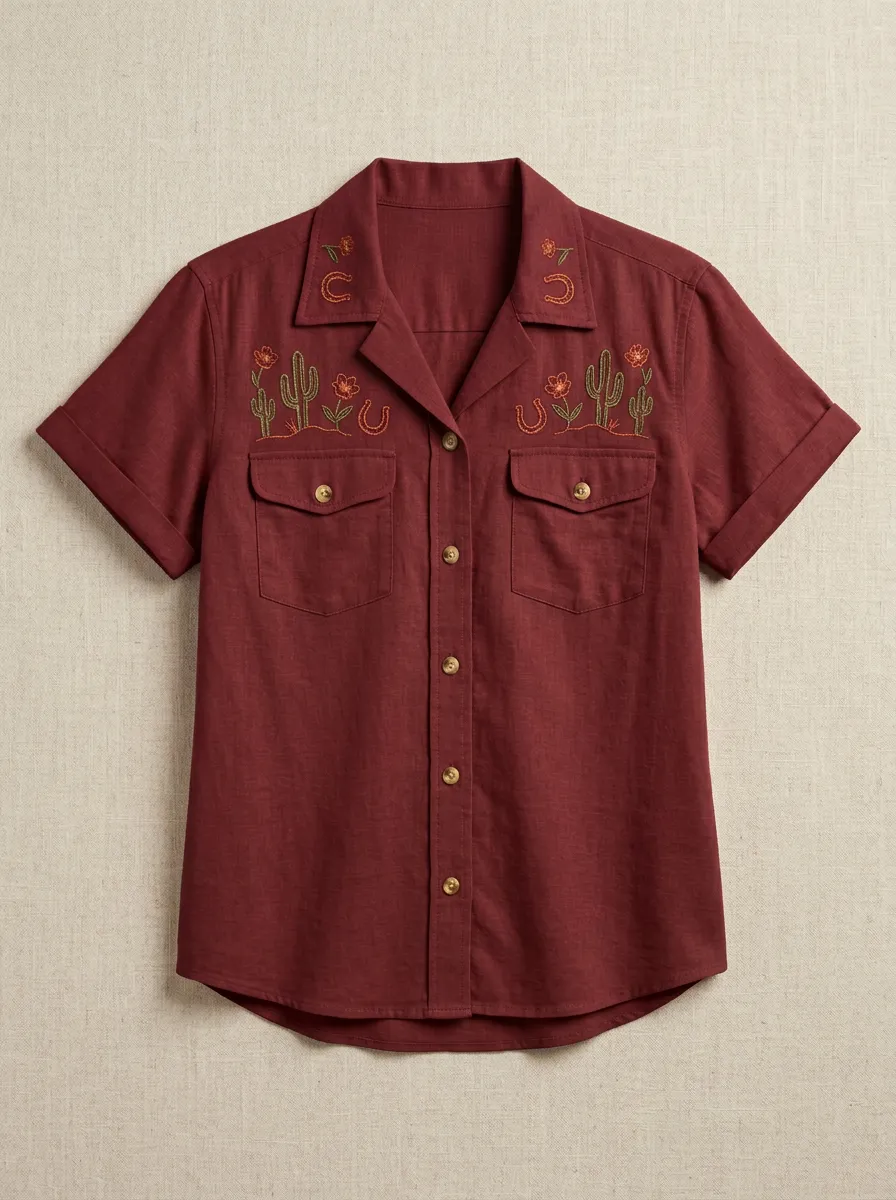 Women's Western Cowboy Cactus Horseshoe Embroidered Short Sleeve Shirt
