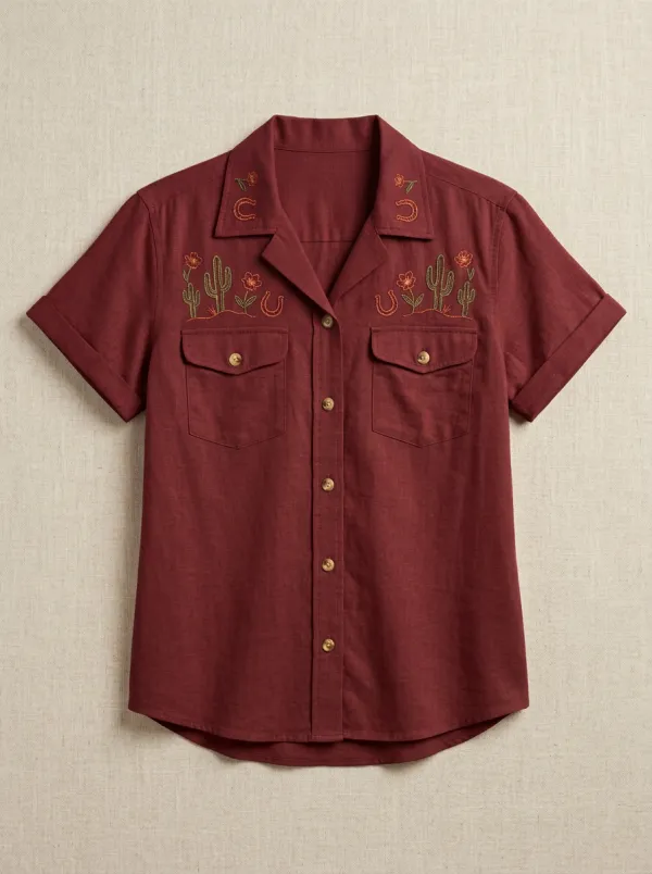 Women's Western Cowboy Cactus Horseshoe Embroidered Short Sleeve Shirt