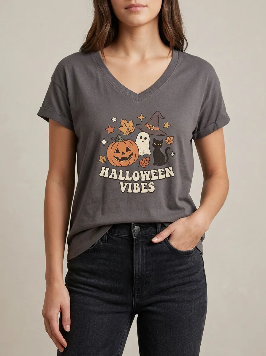 Women's Halloween Vibes Pumpkin Ghost Cat Printed V-neck T-shirt