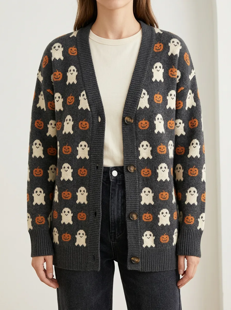 Women's Whimsical Ghost Pumpkin Halloween Knit Cardigan