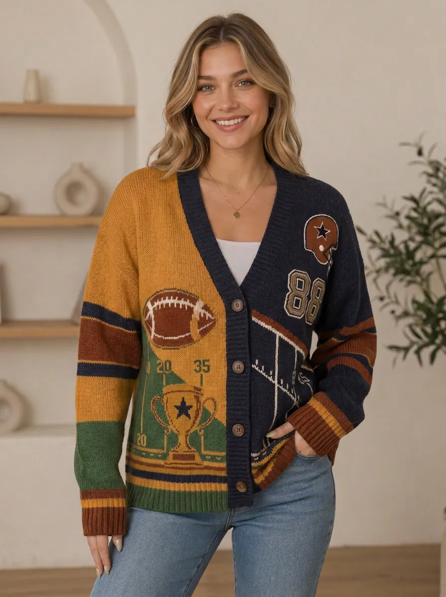 Women's Classic Touchdown Inspired Gridiron Helmet Trophy Ball Knit Cardigan