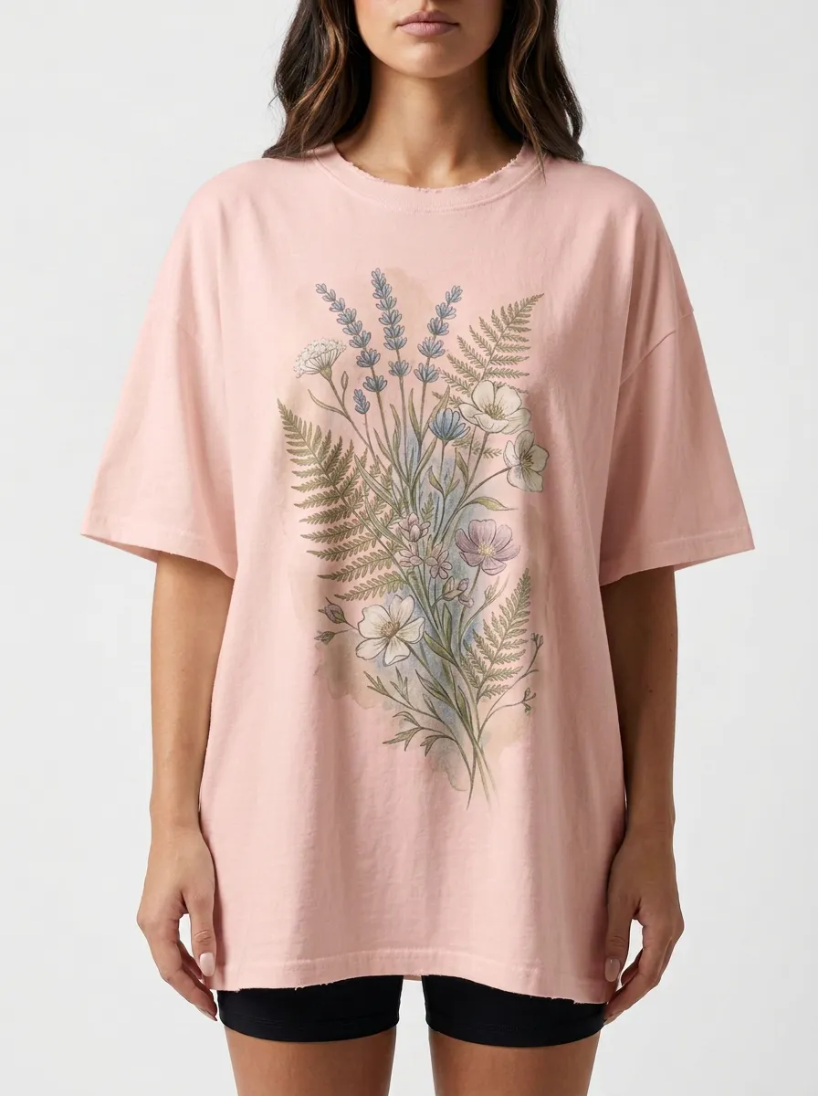 Women's Botanical Nature Lover Wildflower Fern Printed T-shirt