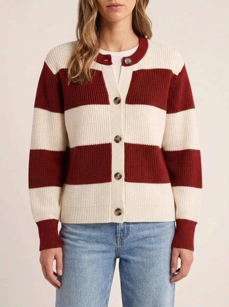 Sport Inspired Distinctive Rugby Striped Knit Cardigan