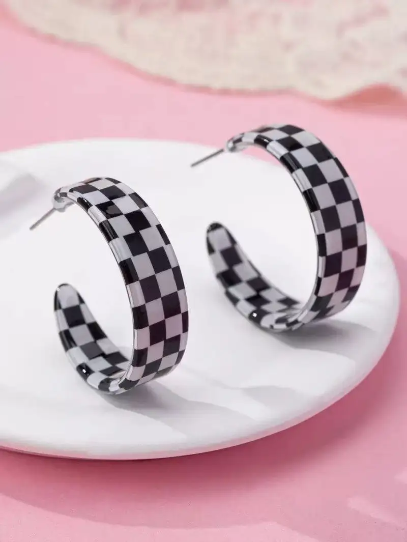 Retro Checkerboard Resin Hoop arrings