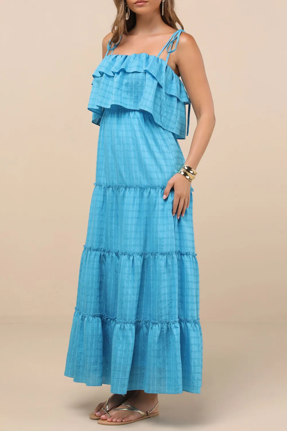 Casual Style  Ivory Textured Tie-Strap Tiered Maxi Dress