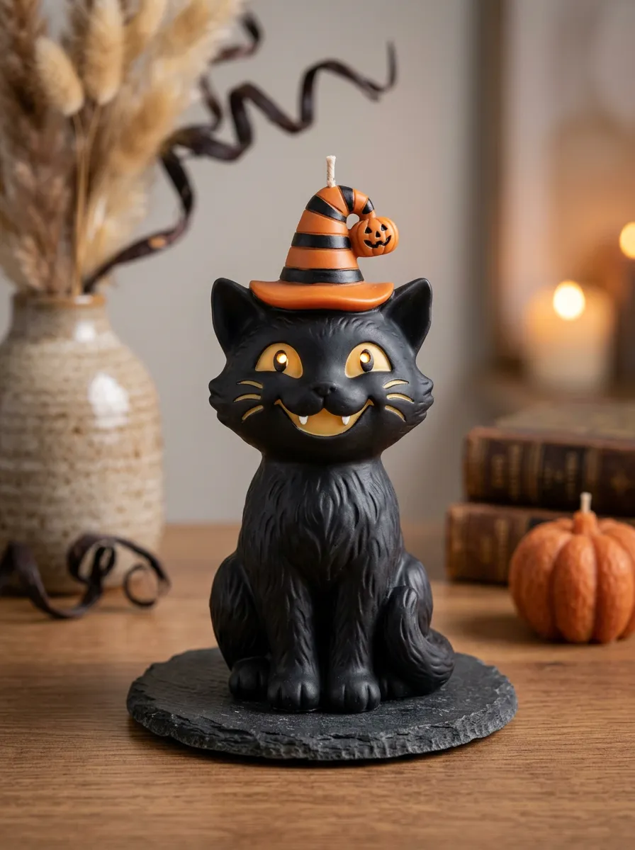 Halloween Black Cat Witch Hat Pumpkin Shaped Candle