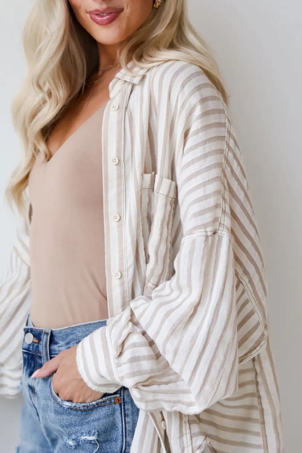 Natural Striped Button-Up Blouse