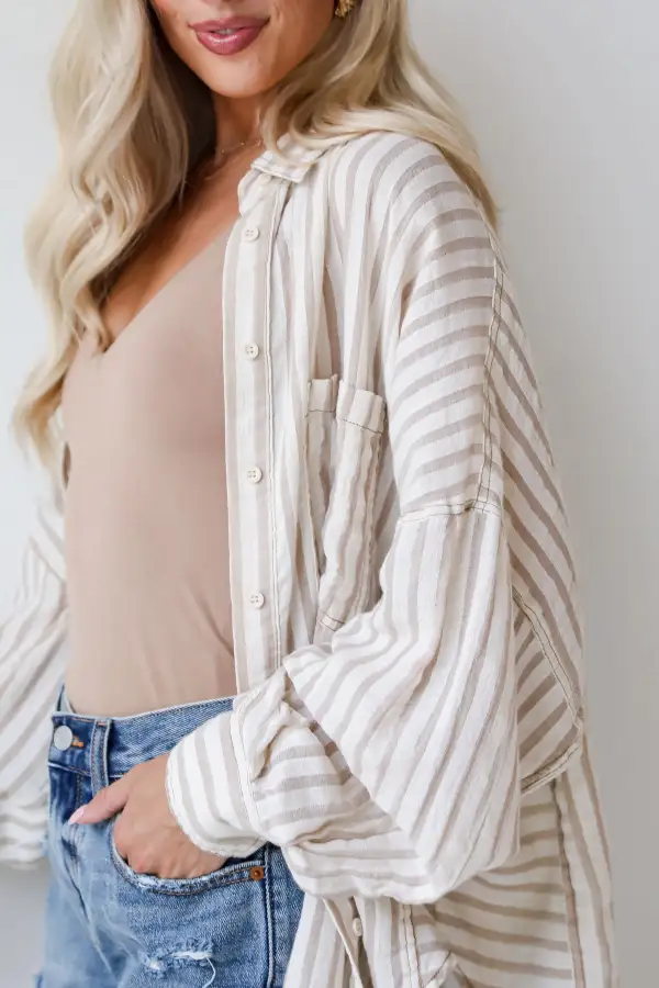 Natural Striped Button-Up Blouse
