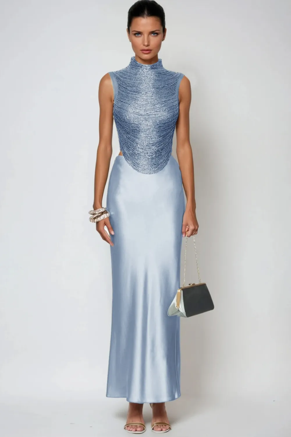 Fedde Fringe Satin Skirt Set In Sky Blue