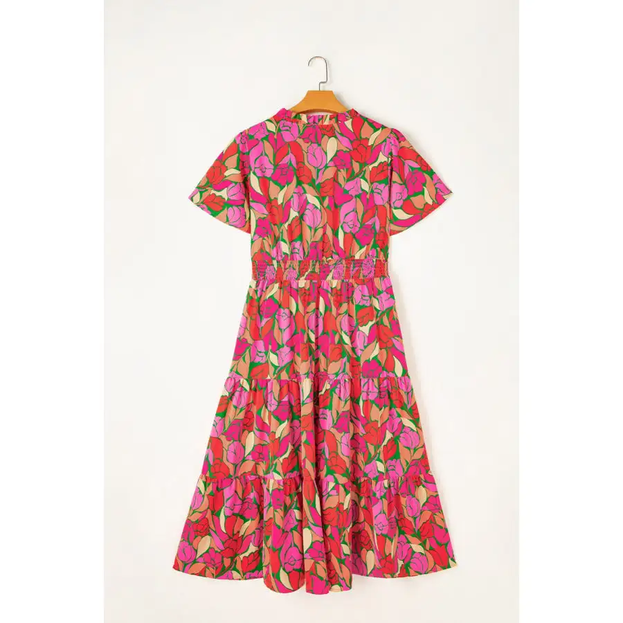 Frill Notched Short Sleeve Midi Dress