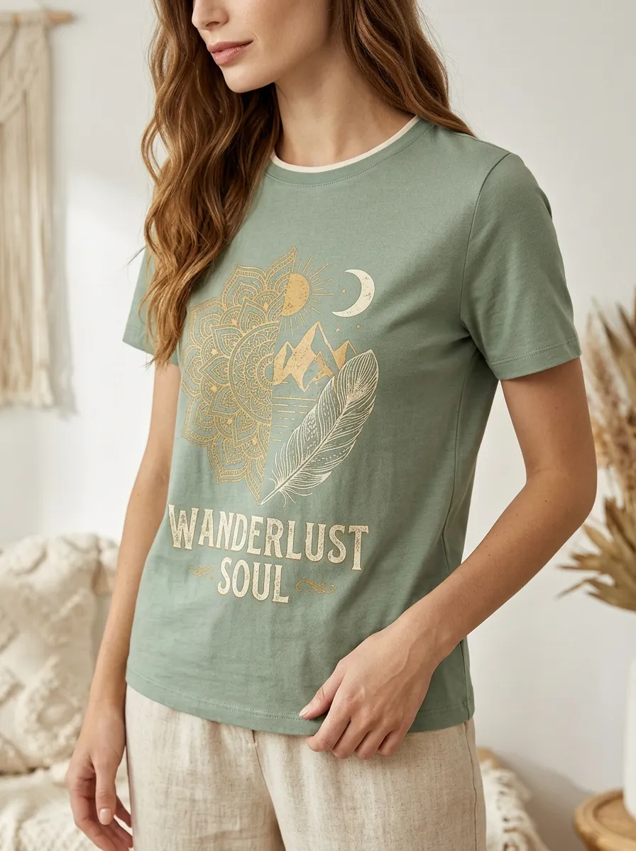 Women's Mandala Mountain Feather Printed T-shirt