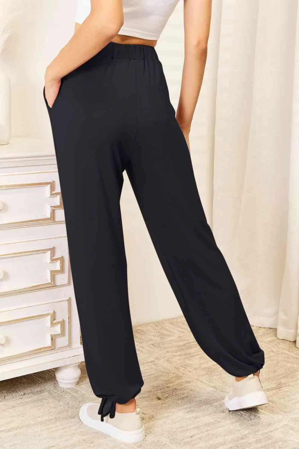 Full Size Soft Rayon Drawstring Waist Pants With Pocket