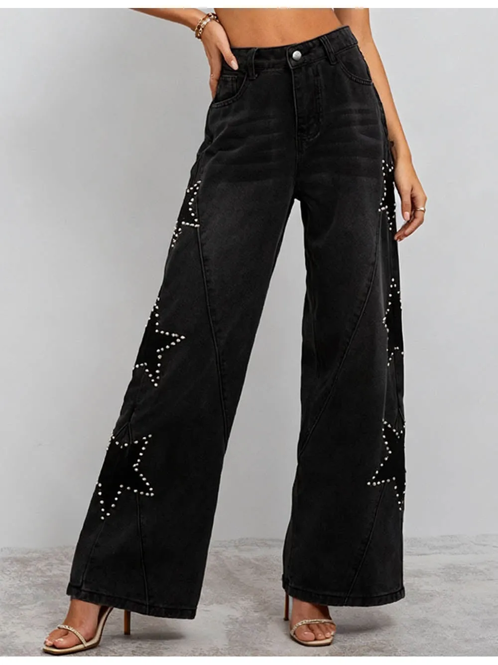 Faux Pearl Star Button Fly Wide Leg Denim Pants