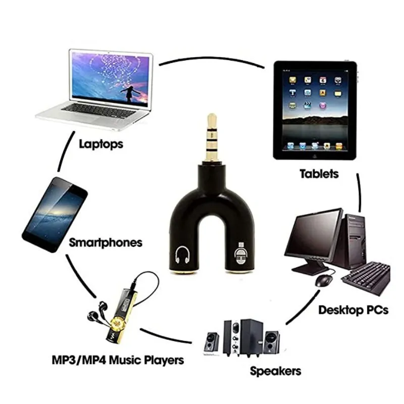 U Shape Adaptor Audio Convertible Splitter For Headphone & Microphone