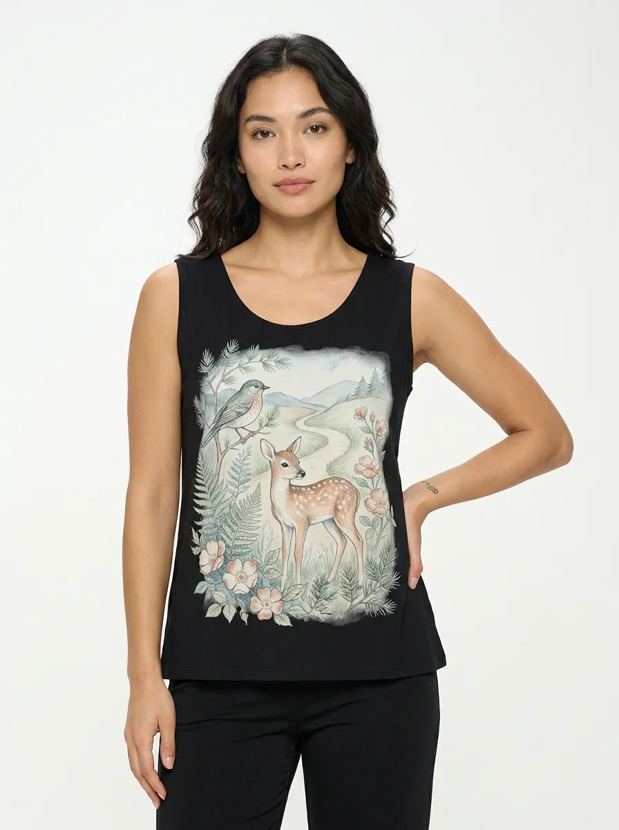 Women's Nature Lover Fawn Bird Forest Printed Tank Top