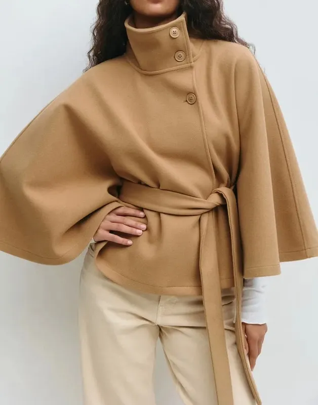 Spring Belted High-Neck Cape Coat