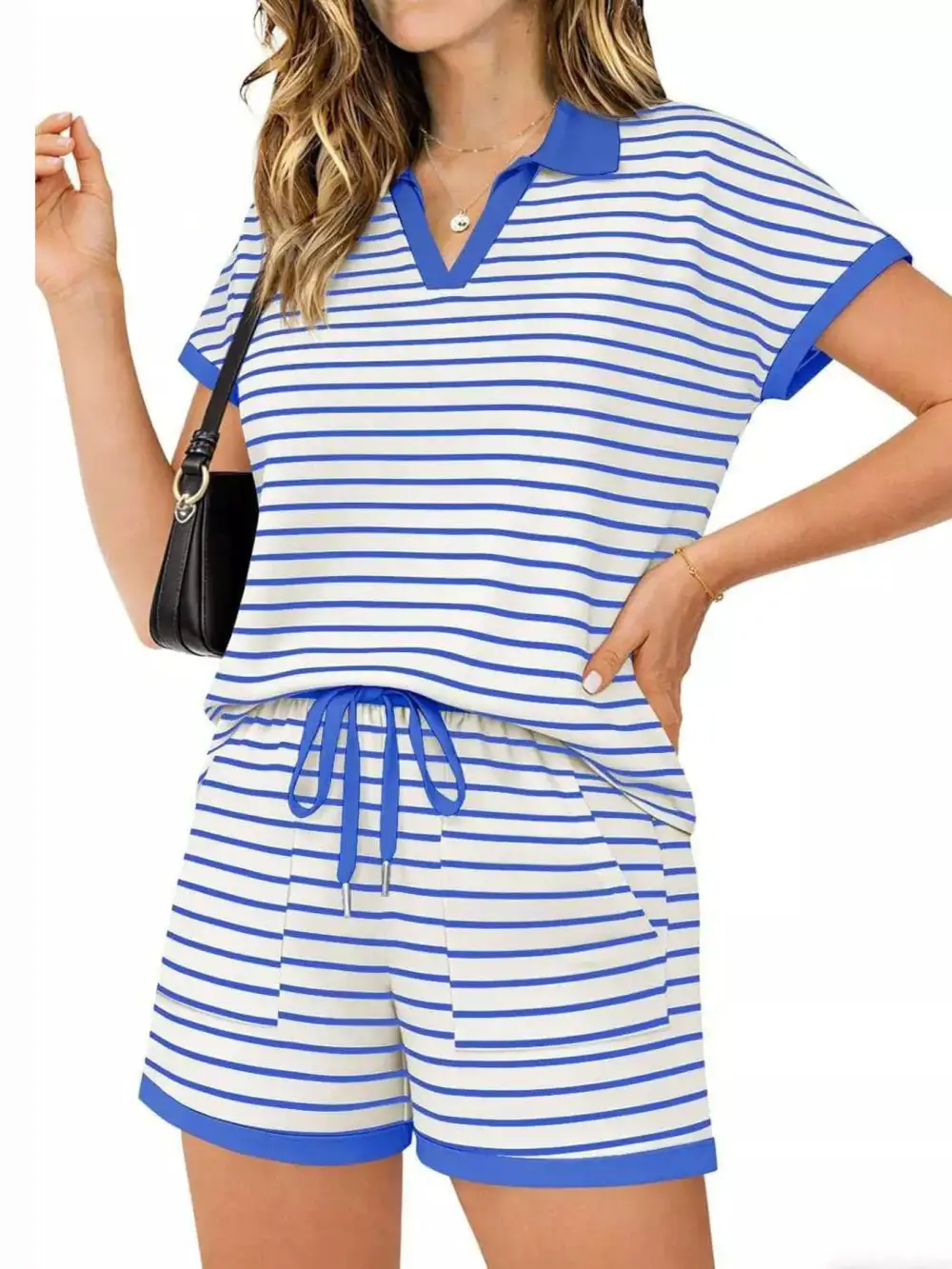 Striped Short Sleeve Polo Shorts Set