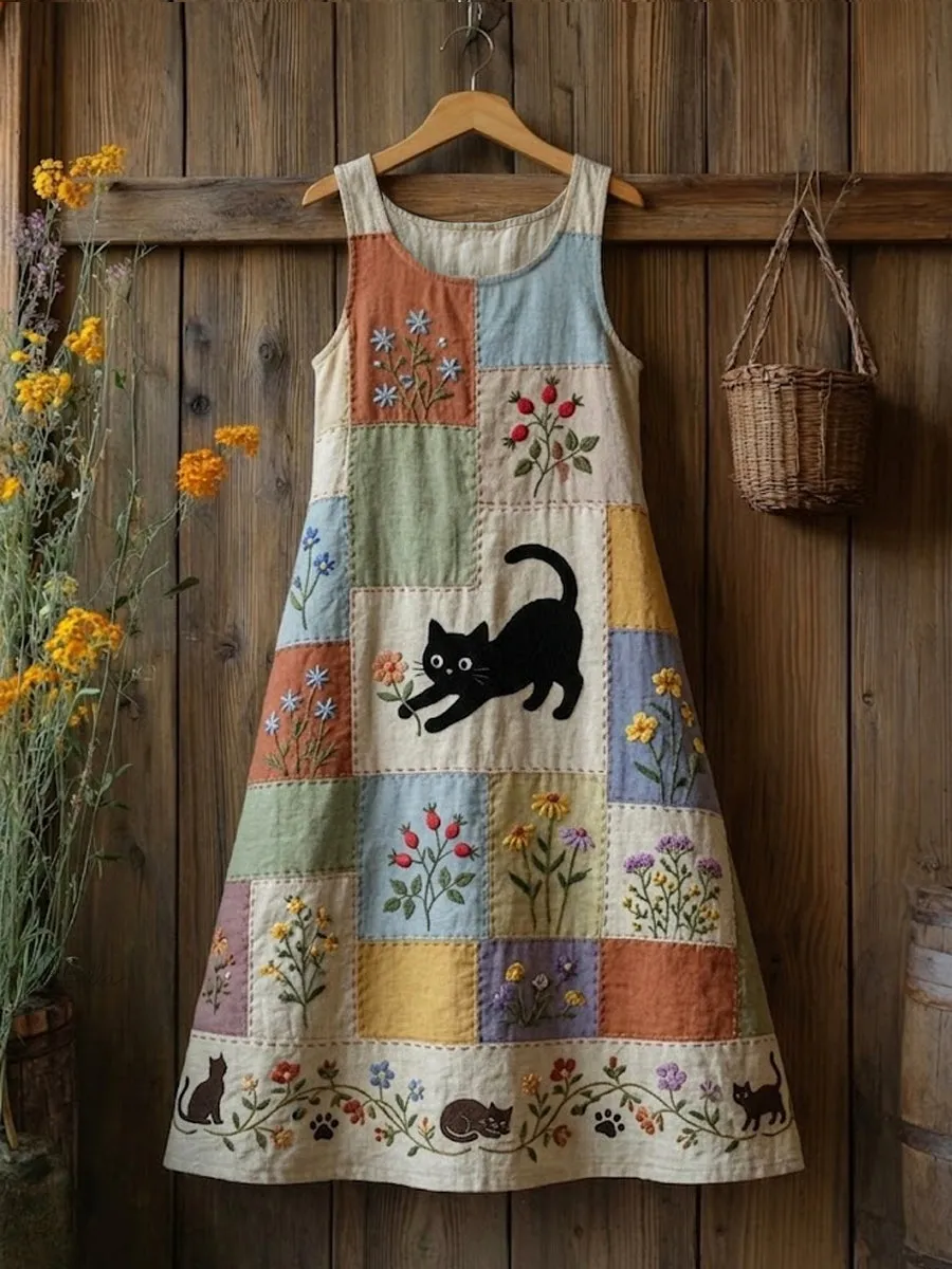 Women's Vintage Cute Cat Art Linen Blend Dress