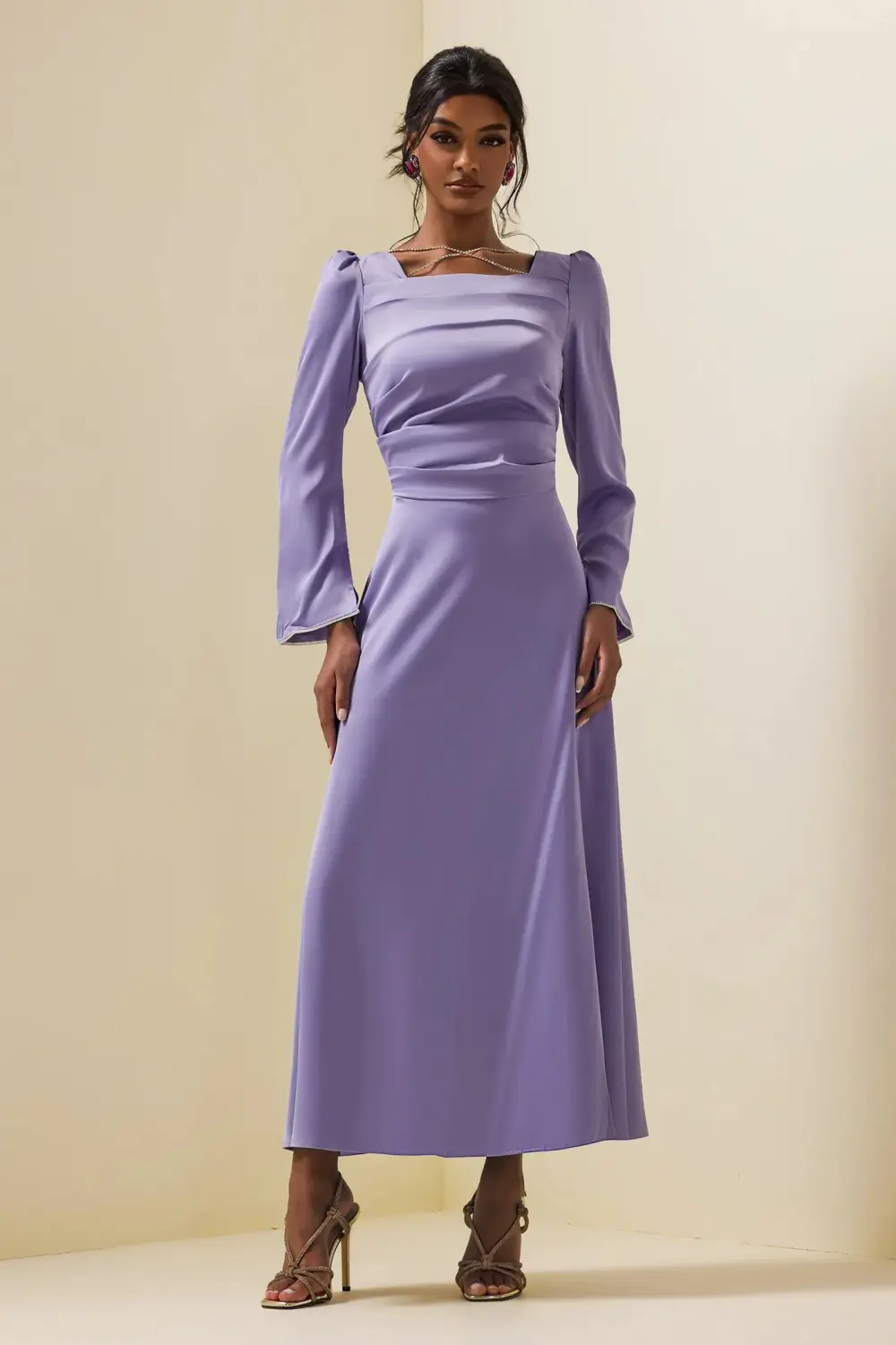 Solid Satin Rhinestone Maxi Dress