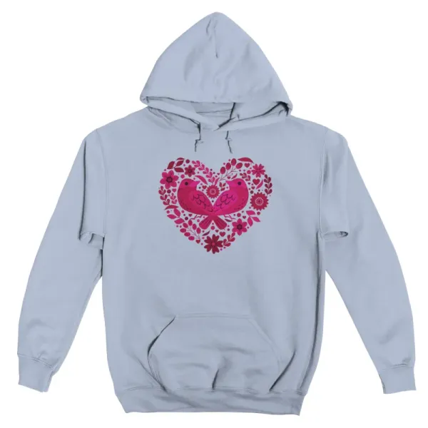 Men's Artistic Heart-Shaped Bird & Flower Pattern Print Long-Sleeve Hoodie