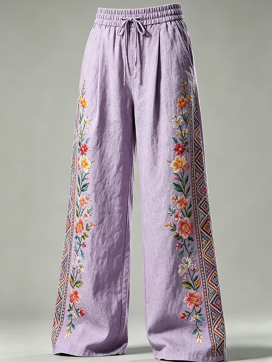 Women's Floral Print Embroidered Palazzo Pants