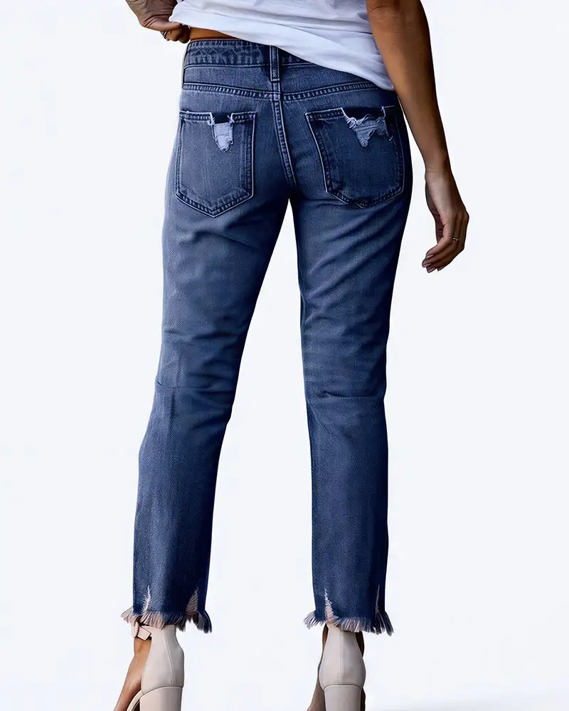 Distressed Cropped Raw-Hem Straight Jeans