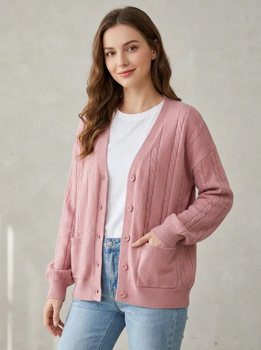 Women's Pink Cable Knit Button Down Cardigan Sweater