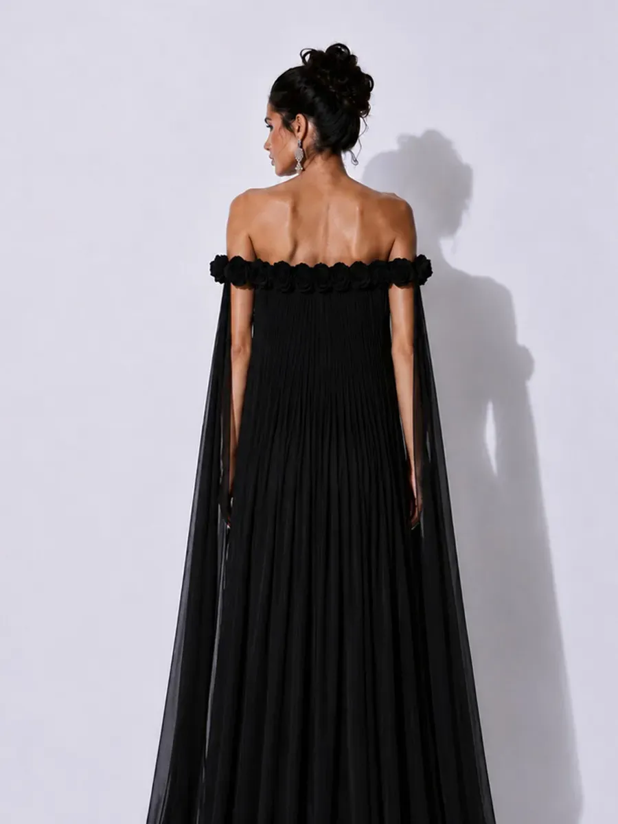 Grace 3D Floral Pleated Off-Shoulder Maxi Dress