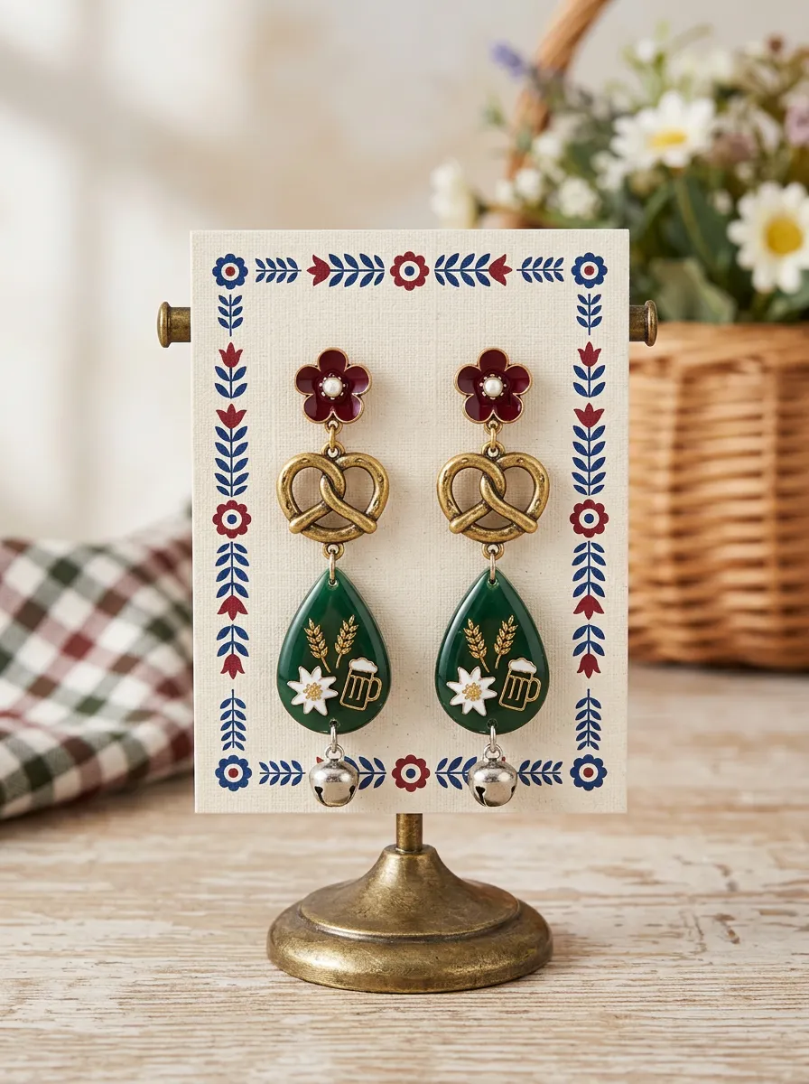 Edelweiss Pretzel Beer Mug Bell Women's Bavarian Oktoberfest Dangle Earrings