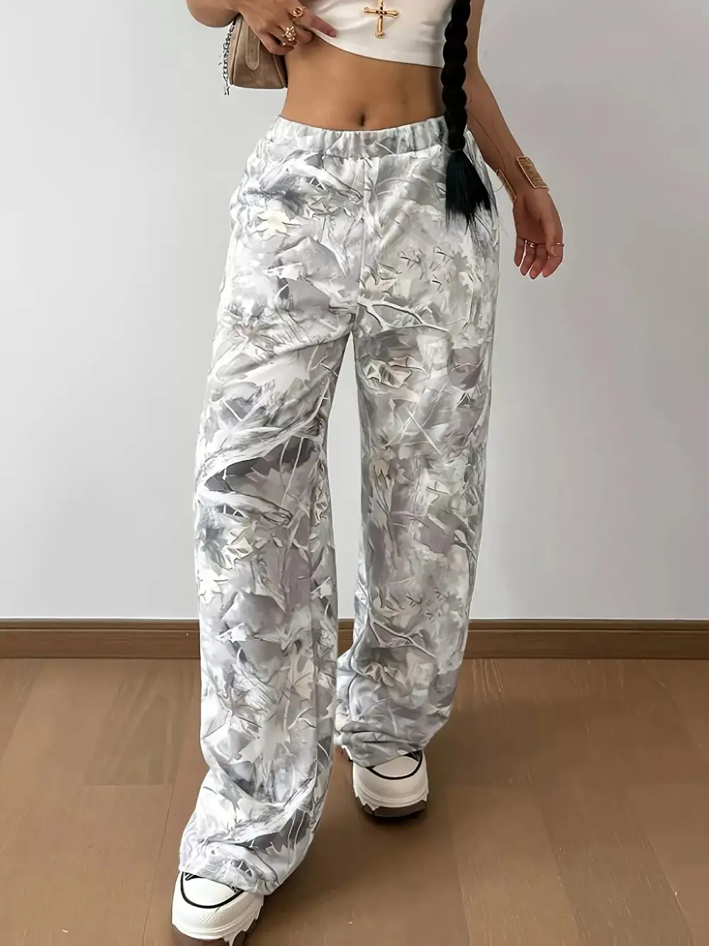 Abstract Print Wide Leg Pocketed Casual Pants