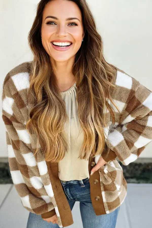 Checkered Sherpa Loose Knit Pocketed Cardigan