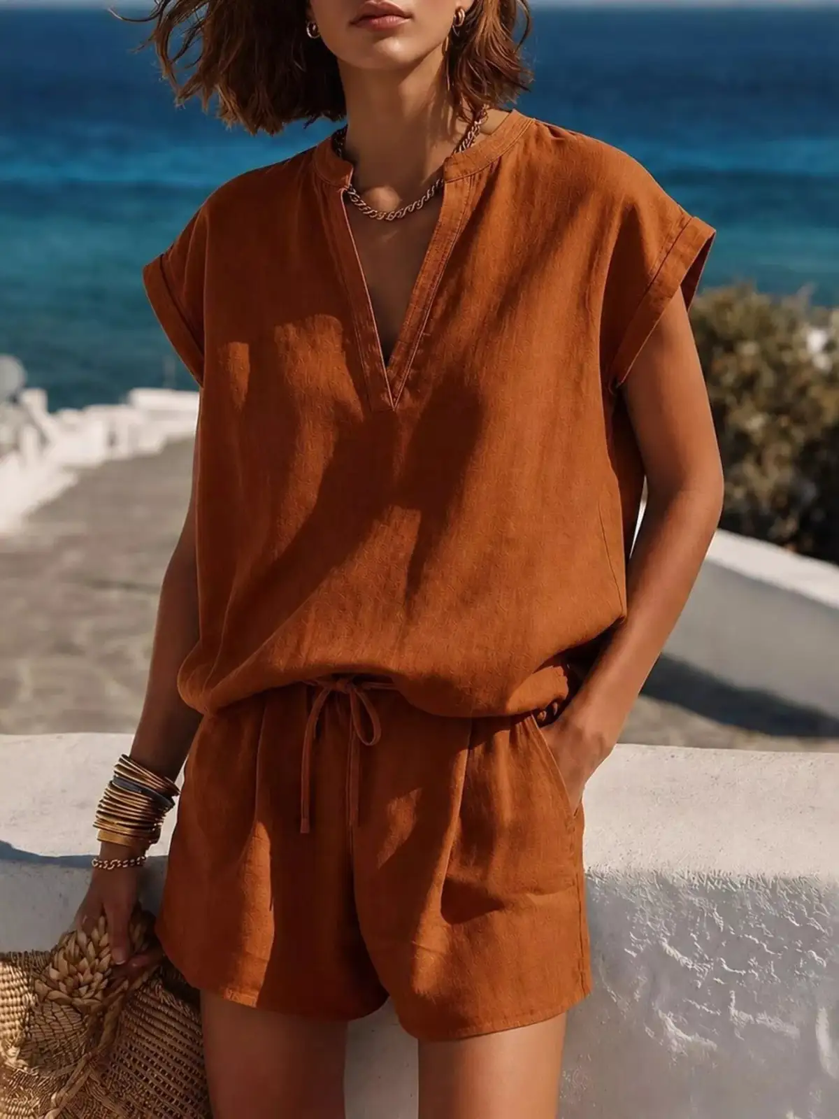 Refined Drawstring Pocketed Top and Shorts Matching Set