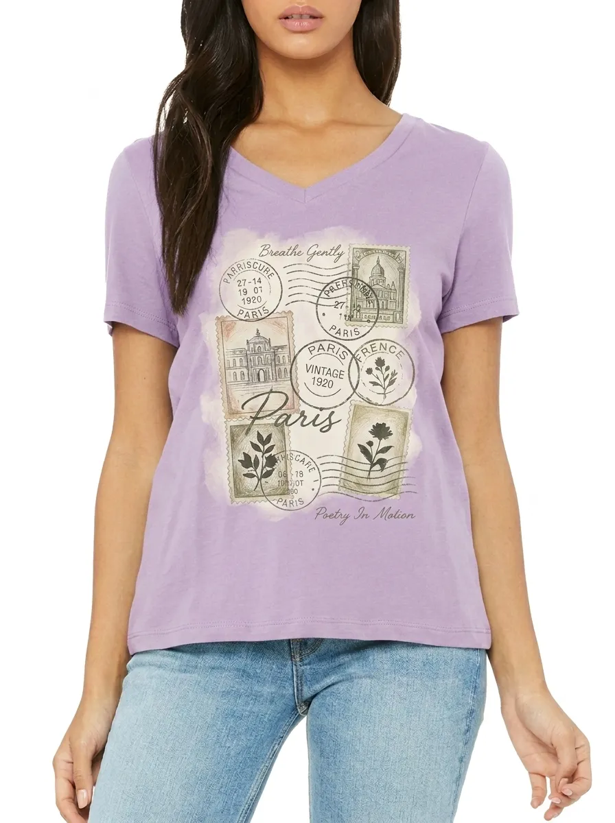 Women's Paris Travel Lover Vintage Stamp Printed V-neck T-shirt