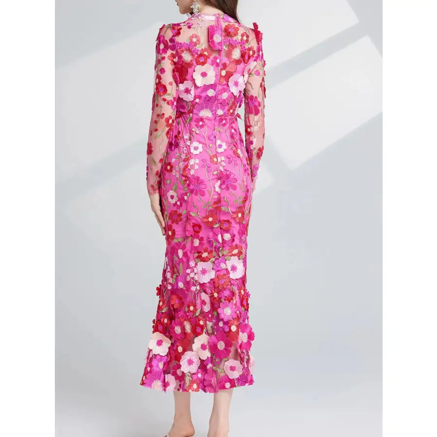 Embroidered Mesh Long Sleeve Midi Dress