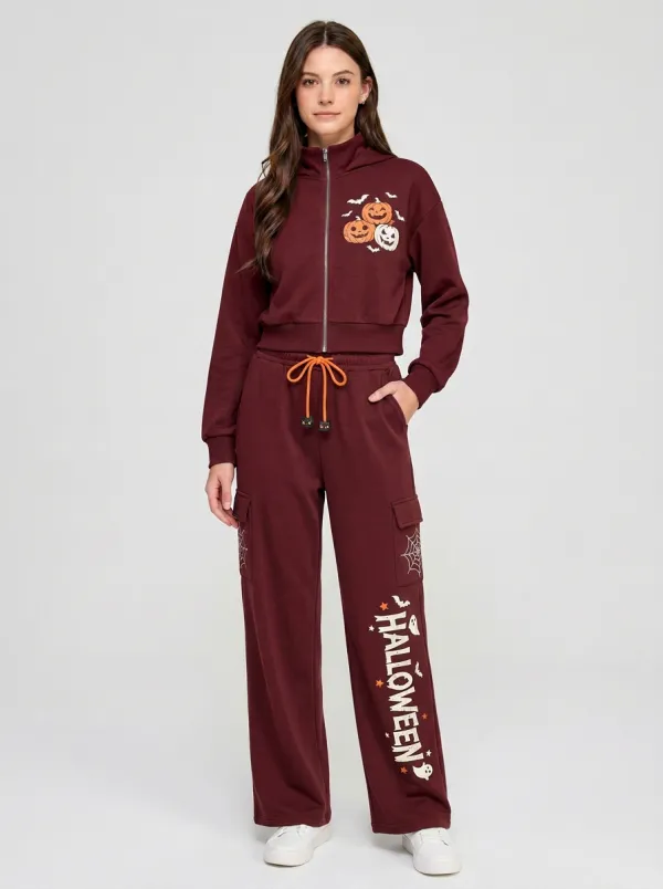Women's Halloween Pumpkin Ghost Printed Zip-up Hoodie Cargo Jogger Set