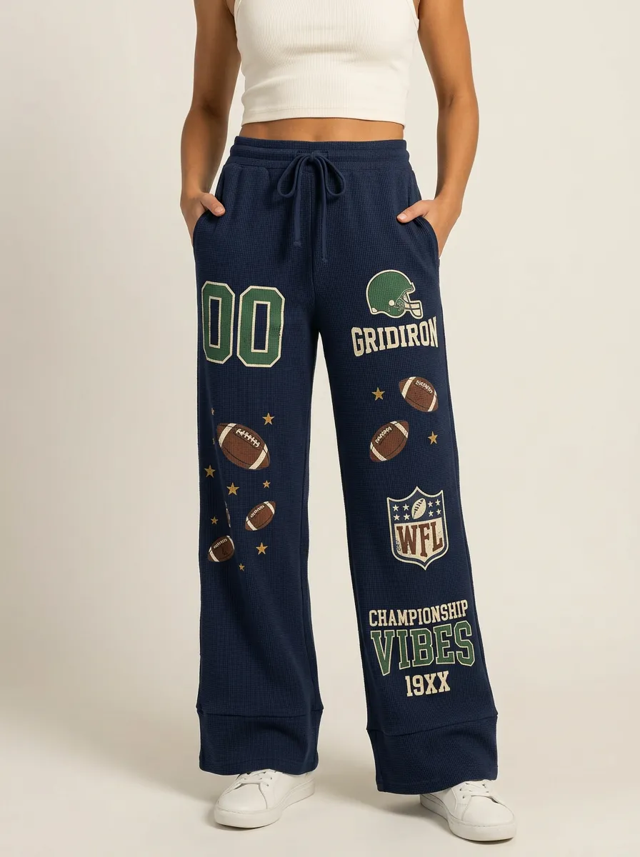 Women's Football Fan Gridiron Helmet Ball Printed Waffle Pants