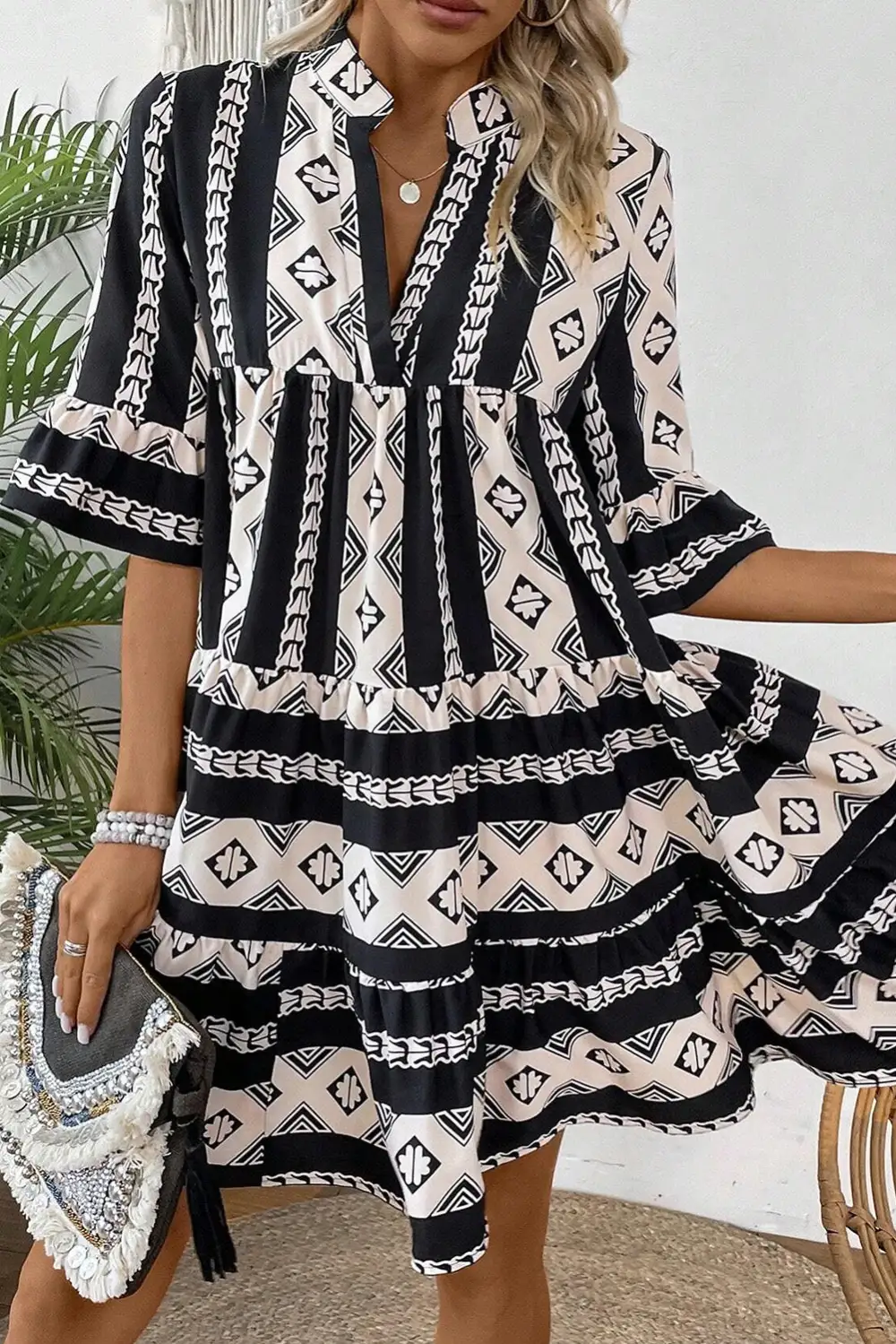 Ruffle Trim V-Neck Mini Dress