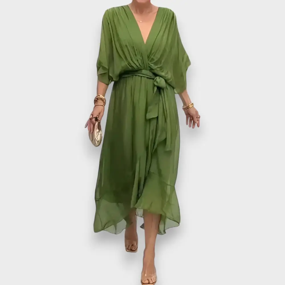 V-Neck Belted Casual Dress