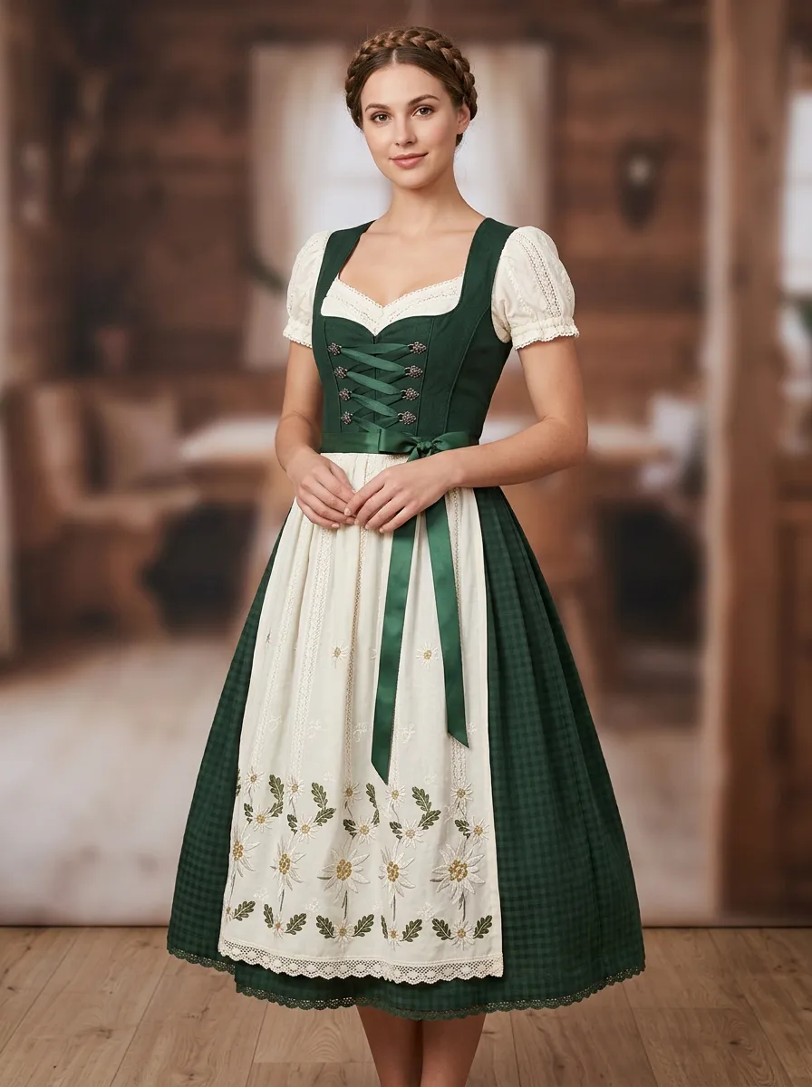 Floral Embroidered Edelweiss Embroidered Apron Traditional Women's Bavarian Oktoberfest Dirndl Dress