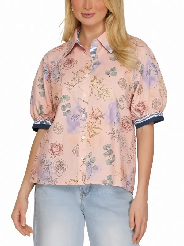 Women's Floral Botanical Watercolor Printed Puff Sleeve Shirt