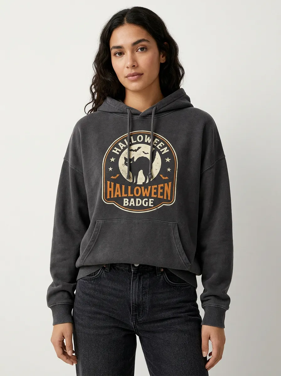 Women's Halloween Black Cat Moon Badge Printed Hoodie