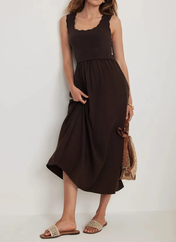 Casual Style Scallop Trim Midi Dress