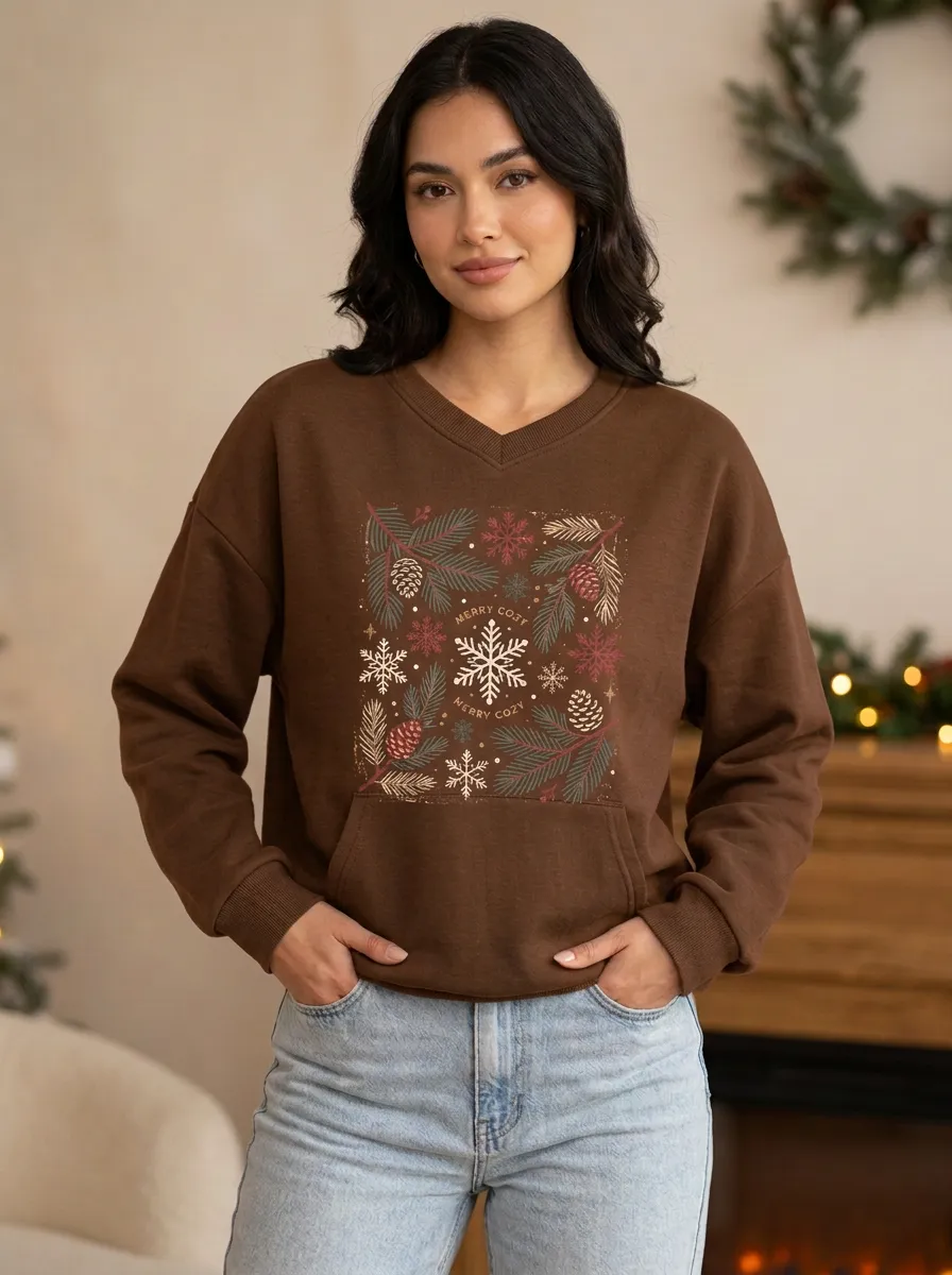 Christmas Cozy Snowflake Pinecone Print Sweatshirt